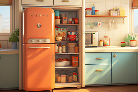 厨房橱柜复古设计的冰箱插画