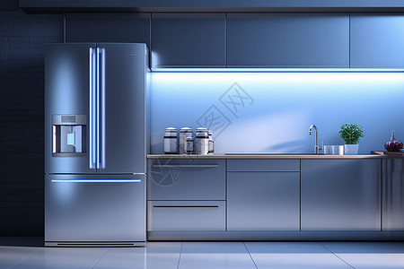 壁厨厨房里的金属冰箱背景