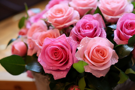 一束粉色玫瑰盛放在桌上图片