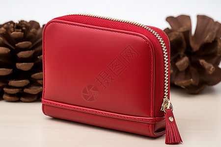 红色麻布袋子红色钱包与流苏美照背景