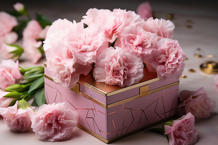 黄金牡丹盒子里的粉色花朵背景