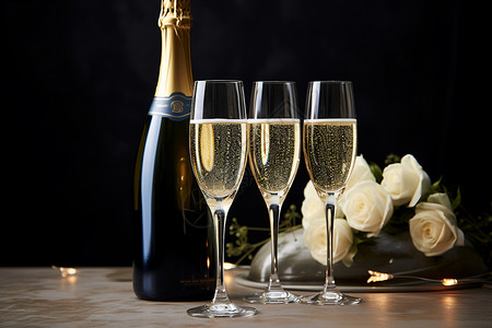 花束与香槟瓶子璃杯高清图片