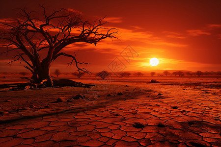夕阳下开裂的荒漠土地高清图片