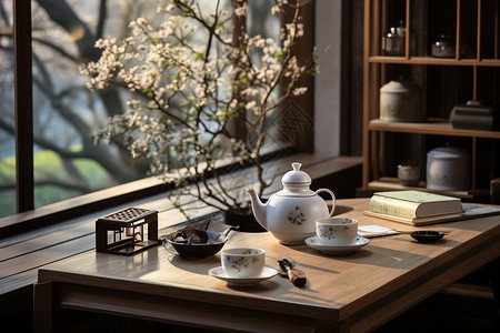 书房窗边的典雅茶具背景图片