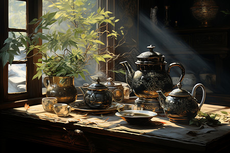 中式桌子茶具休闲雅致现代茶具插画