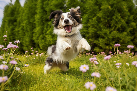 可爱花朵草丛玩耍的狗狗背景