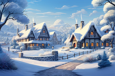 雪山道路冬日漂亮的雪村插画