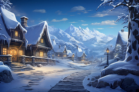 冬天道路素材冬日温馨的村庄插画