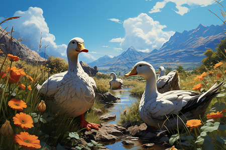 石头鹅鸭子们在河流嬉戏插画
