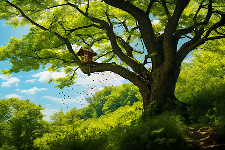 绿色植物鸟屋户外树上的鸟屋插画