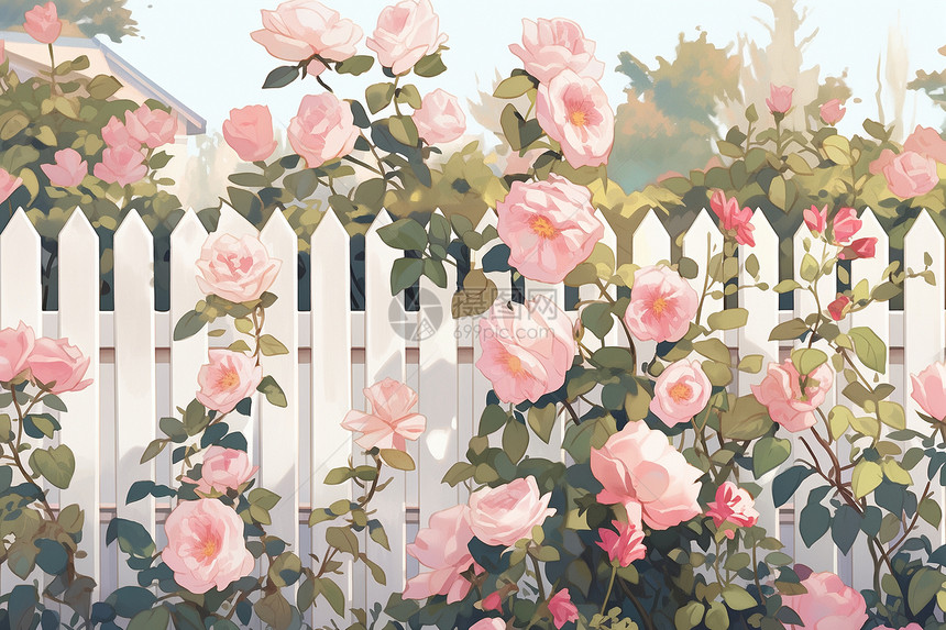 围栏边盛开的玫瑰花图片