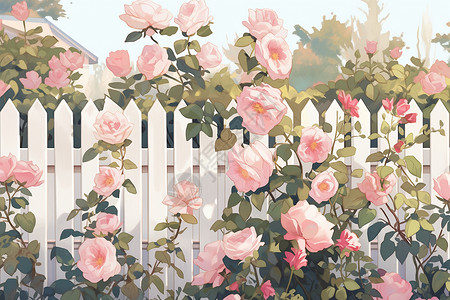 木栅栏围栏边盛开的玫瑰花插画