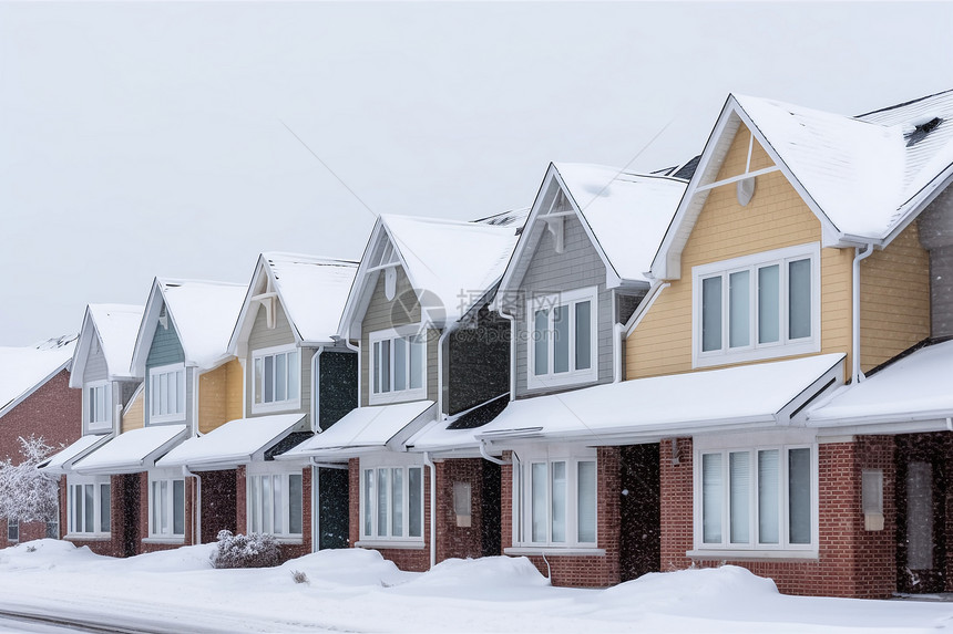 街角上一排房屋被雪覆盖图片
