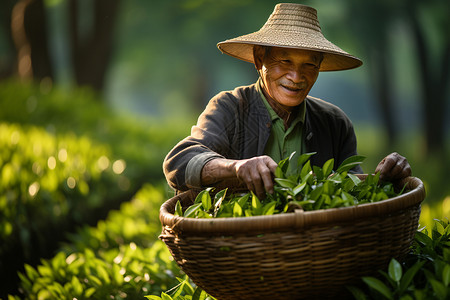 茶农采摘新鲜茶叶图片