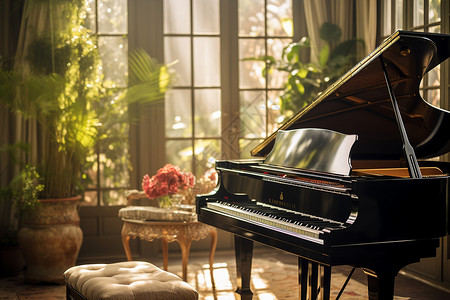 钢琴复古素材阳光照耀下的琴房插画