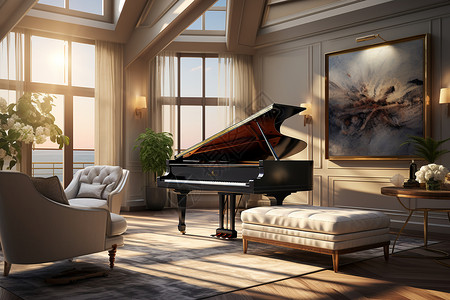 现代窗户现代家居的钢琴插画