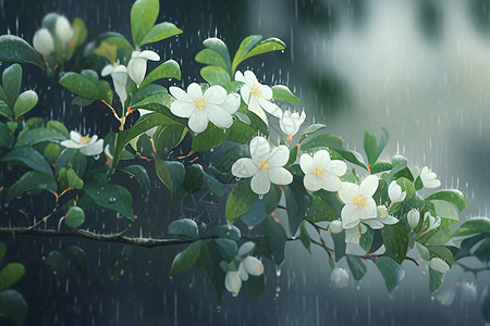 雨中的白色花朵背景图片