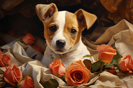 玫瑰和小狗背景图片