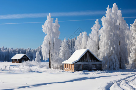 雪地中树木冬天雪地中的房屋背景