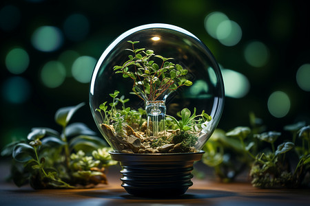 灯泡玻璃容器灯泡里面的绿色植物设计图片