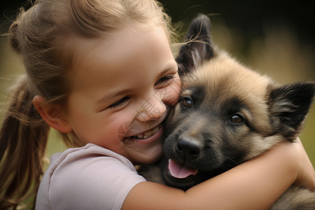 户外开心的小狗和小女孩图片