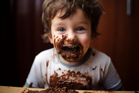 男孩脸上的巧克力背景图片