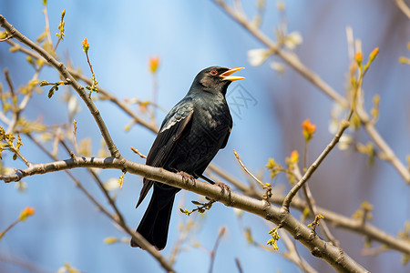 树枝上野生的黑鸟高清图片