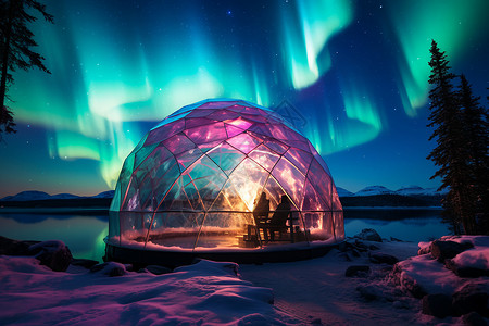 冬天冰岛极光下的玻璃房屋设计图片