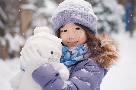 儿童堆雪人紫色帽子的可爱女孩背景