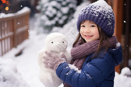 儿童堆雪人雪地里的可爱女孩背景