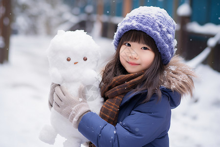 儿童堆雪人可爱的小女孩背景