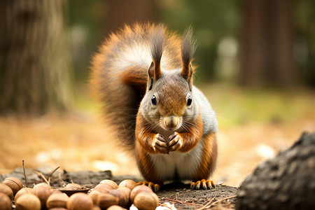 可爱松鼠吃栗子树木前吃坚果的松鼠背景