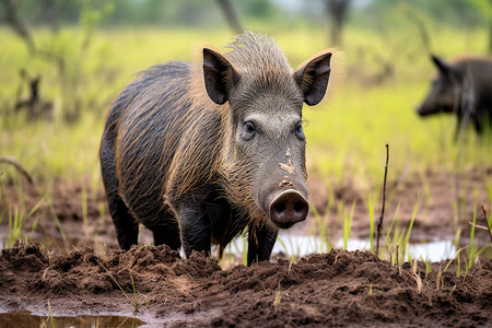 泥地上的野猪背景图片