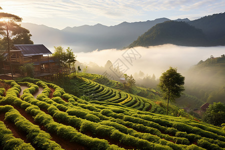 山脉上的农业茶树图片