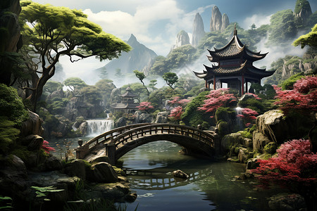 桥上的园林背景图片