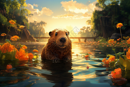 玩耍棕熊水中玩耍的水豚插画