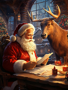 室内的麋鹿和圣诞老人背景图片