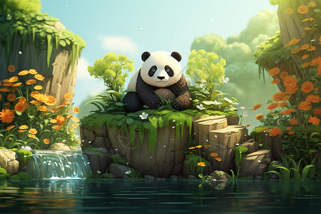 岩石上的熊猫背景图片