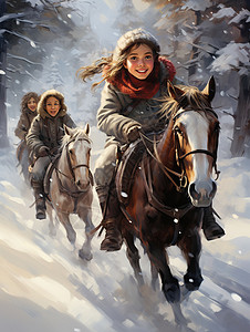 雪地骑马骑着马儿的小女孩插画