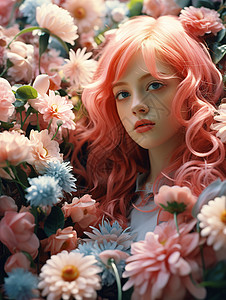 花海中的粉色头发的女孩背景图片