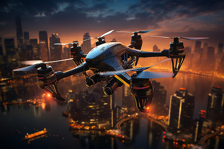 都市上空的无人机背景图片