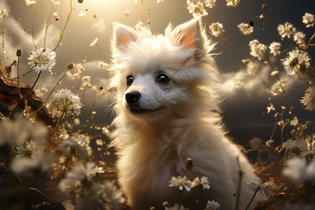 梦幻的白狗置背景图片