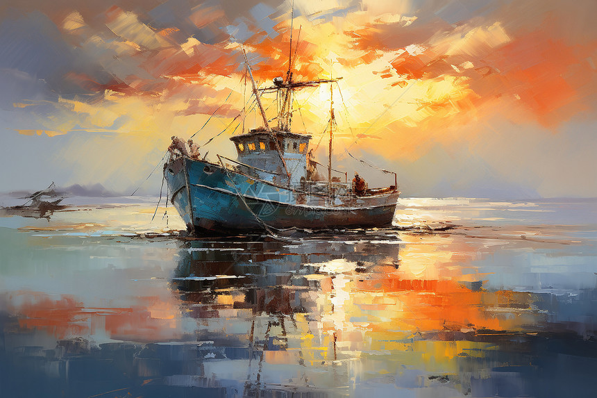 夕阳映照渔船图片
