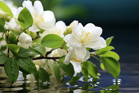 一束茉莉花水面上漂浮着一束白色花朵背景