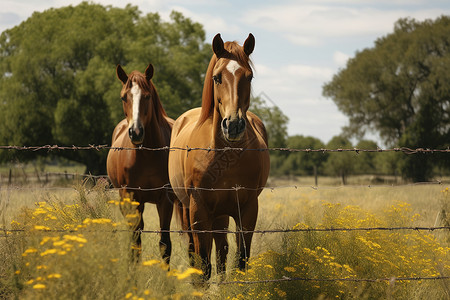 两匹马在带刺铁丝围栏后图片