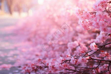 阳光下街头一棵粉色花朵树图片