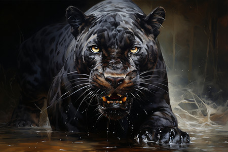 黑虎黑色豹子的绘画插画
