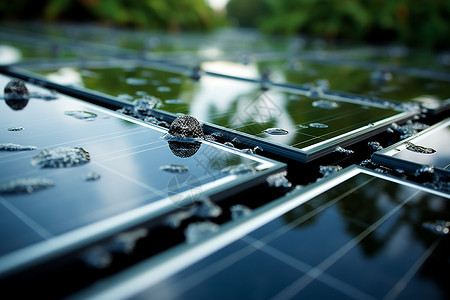 太阳能电池板上的水滴背景图片