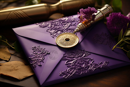 信封里开花紫色信封里的火漆印章背景