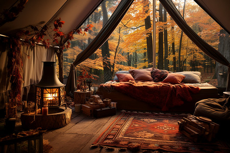 秋日黄叶间的帐篷背景图片